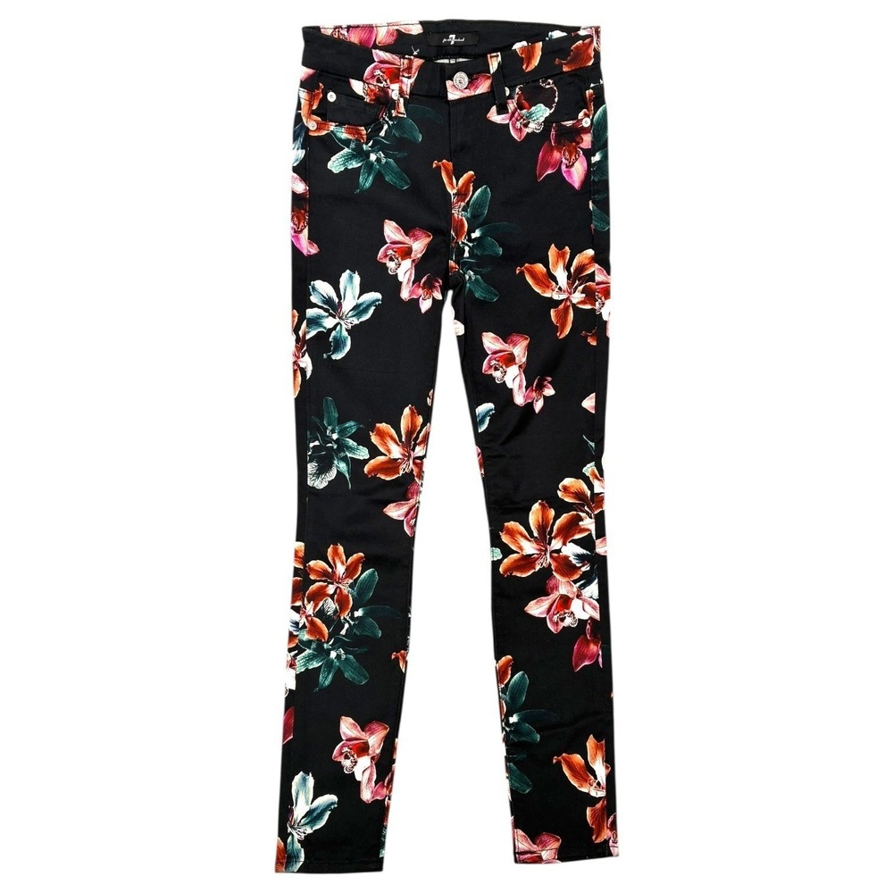 7 For All Mankind Black Floral Skinny Ankle Jeans‎ Orchid Print Stretch 26